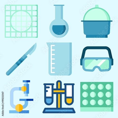 Icons set about Laboratory with beaker, secure glasses, measuring, test tube, surgery and microscope