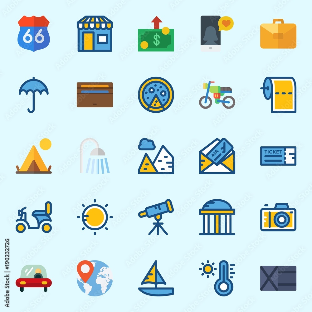 Icons set about Travel with suitcase, sun, location, shower, motorbike and worldwide Icons set about Travel with suitcase, sun, location, shower, motorbike and worldwide