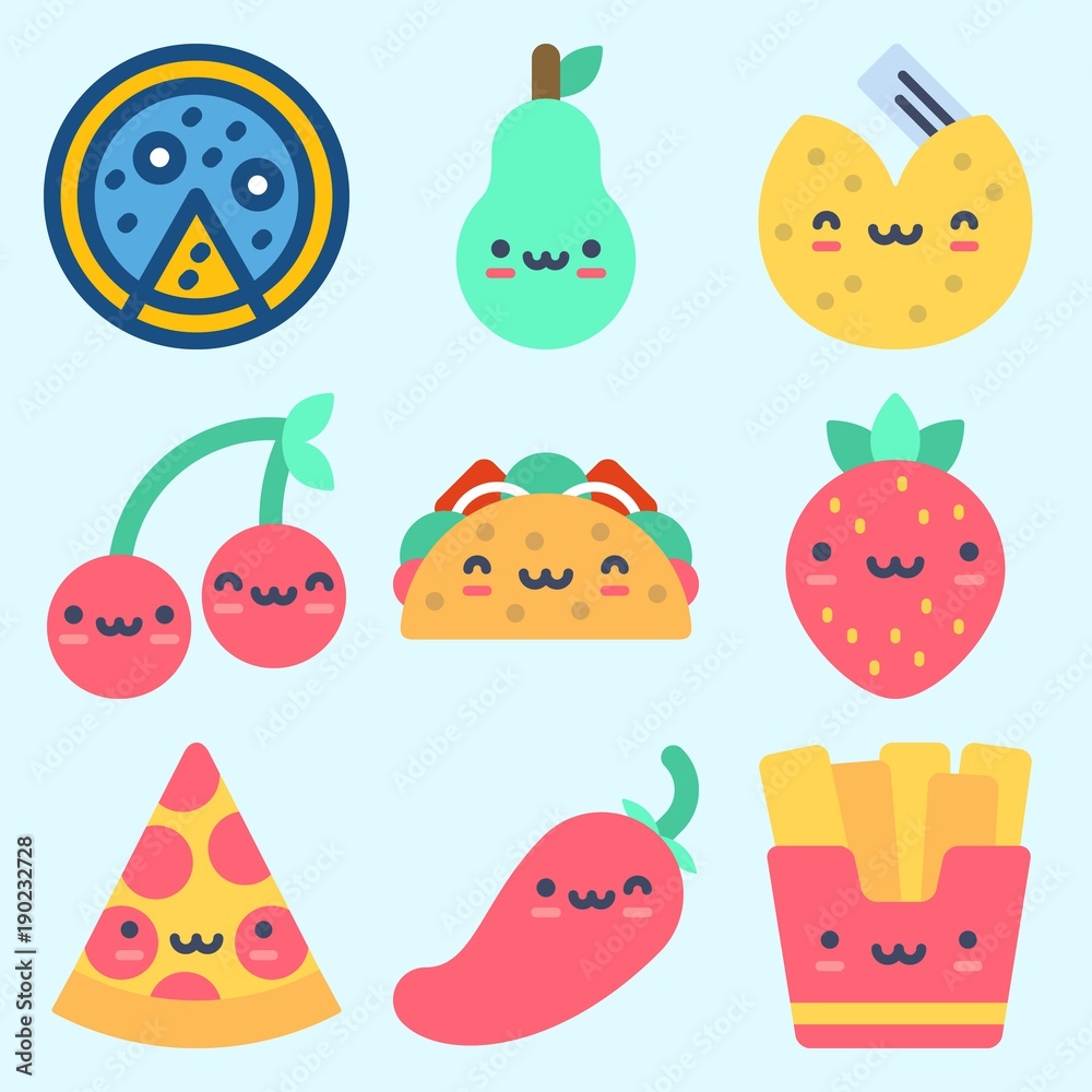Icons set about Food with pear, taco, fries, strawberry, pizza and cherry