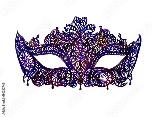 Carnival mask from black lace with rhinestones, hand painted watercolor illustration isolated on white