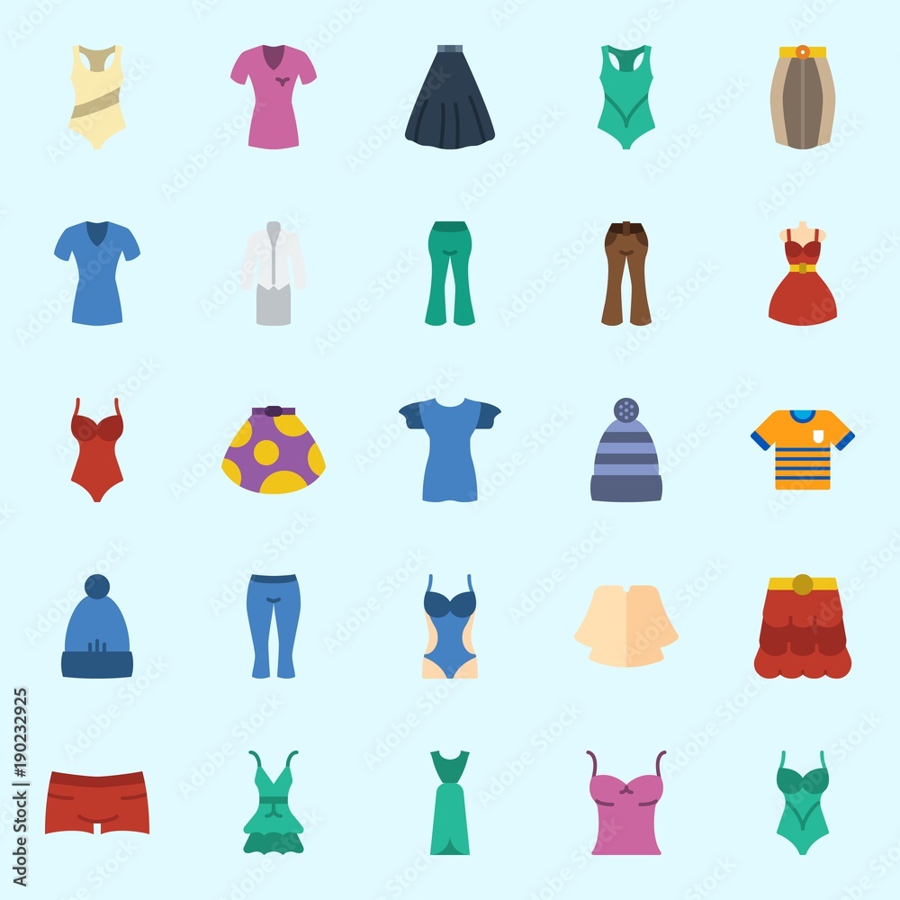 Icons set about Women Clothes with suit, dress, pants, winter hat, skirt and sleeveless Icons set about Women Clothes with suit, dress, pants, winter hat, skirt and sleeveless