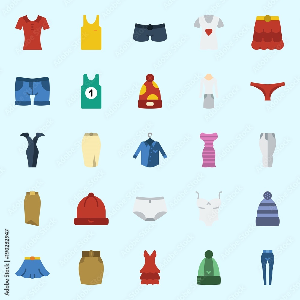 Icons set about Women Clothes with winter hat, sleeveless, skirt, shorts, dress and shirt Icons set about Women Clothes with winter hat, sleeveless, skirt, shorts, dress and shirt