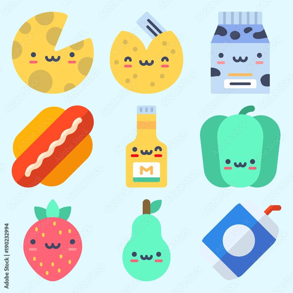 Icons set about Food with cheese, fortune cookie, milk, bell pepper, mustard and soda