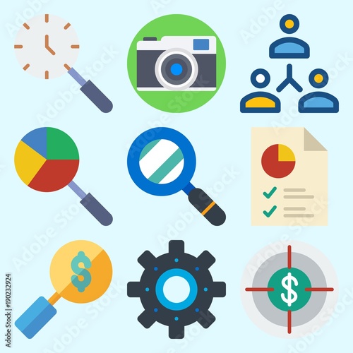 Icons set about Commerce with settings, photo camera, search, networking, pie chart and target