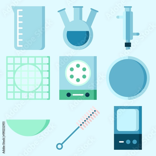 Icons set about Laboratory with watch glass, beaker, tube, measuring, lab and condenser