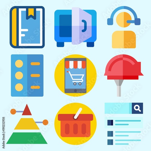 Icons set about Business with shopping basket, safebox, notebook, list, smartphone and worker