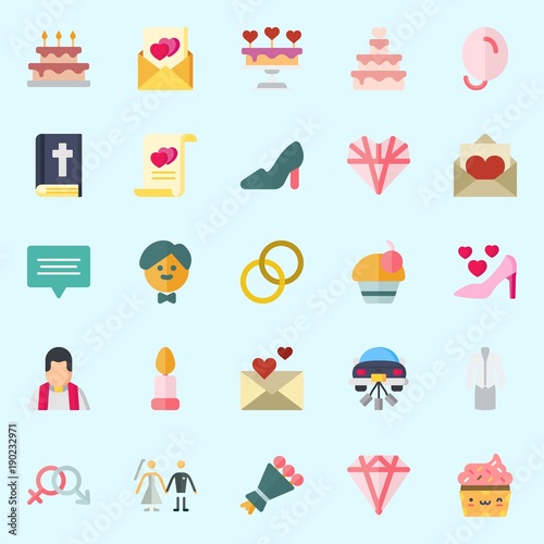 Icons set about Wedding with high hell, wedding cake, priest, bible, genders and cupcake