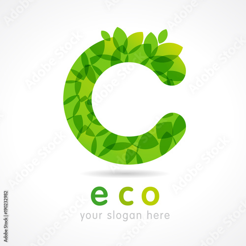 C letter eco green leaf logo. Eco food, organic bio products label. Vector green leaves lettering design template for ecology business