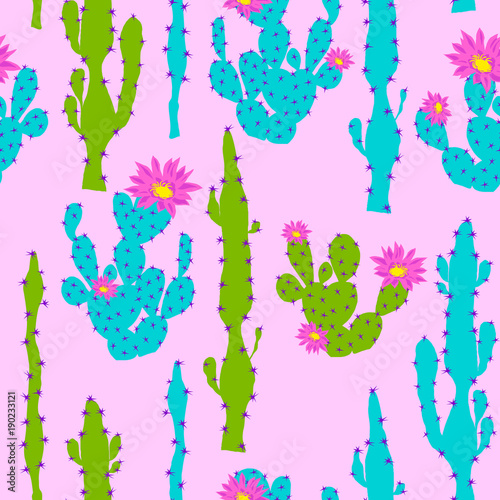 Seamless vector pattern with neon cactus and flower. Cute succulent cacti background