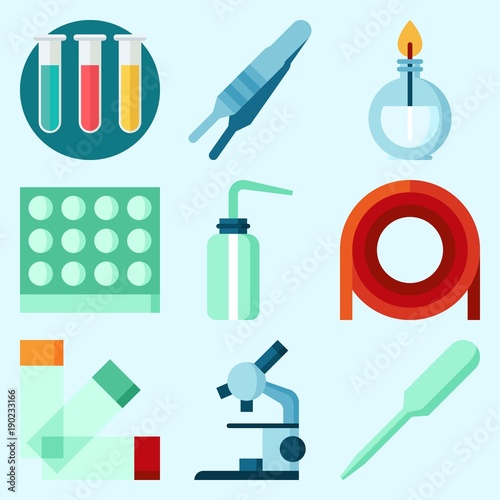Icons set about Laboratory with burner, microscope, laboratory, desiccator, lab and test tubes © Orxan