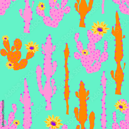 Seamless vector pattern with neon cactus and flower. Cute succulent cacti background