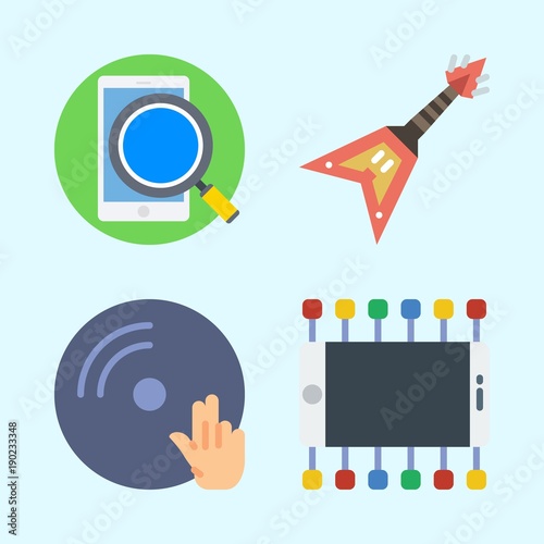 Icons set about Music with smartphone, electric guitar, vinyl, disc jockey and dj