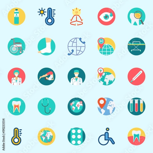 Icons set about Medical with stethoscope, tablets, visibility, tooth, water and wheelchair