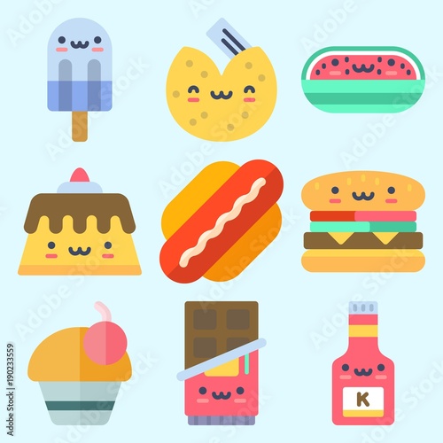 Icons set about Food with hamburger, chocolate, cupcake, watermelon, popsicle and fortune cookie