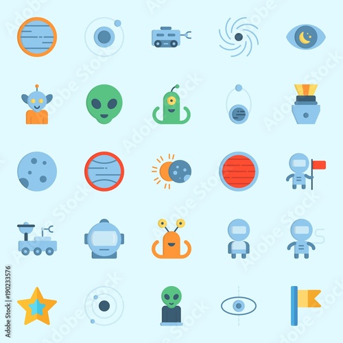 Icons set about Universe with planet, flag, eclipse, black hole, moon rover and star