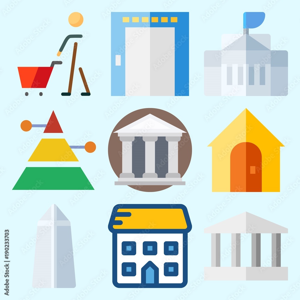 Icons set about Construction with washington monument, monumental, real estate, school, museum and elevator