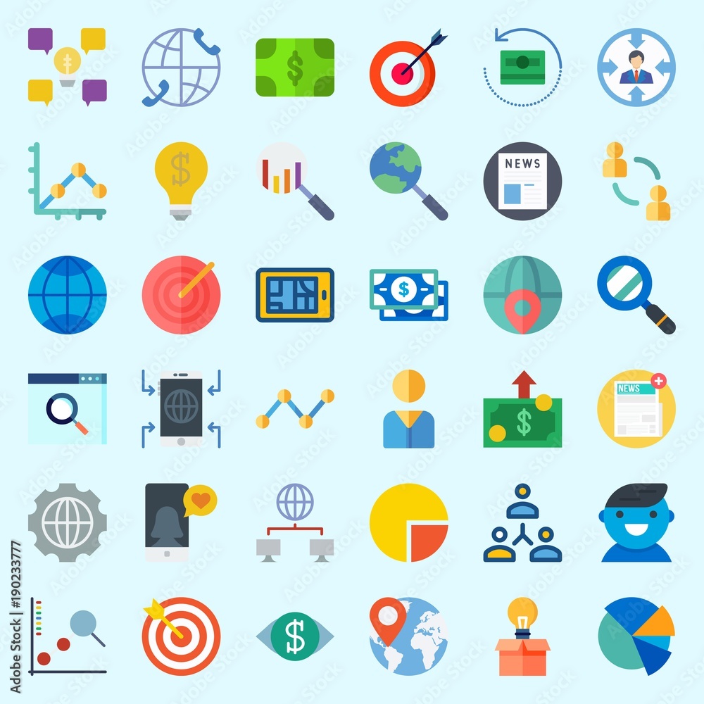 Icons set about Marketing with search, pie chart, idea, location, target and targeting Icons set about Marketing with search, pie chart, idea, location, target and targeting