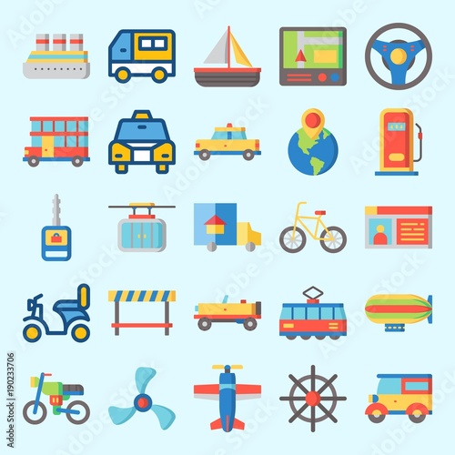 Fototapeta Naklejka Na Ścianę i Meble -  Icons set about Transportation with gas station, driving license, car, propeller, steering wheel and road block
