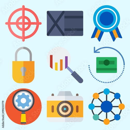 Icons set about Commerce with money, networking, quality, wallet, photo camera and search