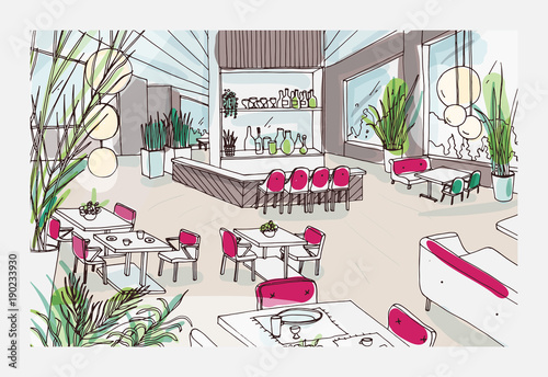 Colorful freehand drawing of restaurant or bistro interior with modern furnis...