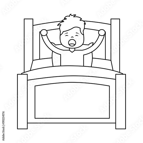 boy wake up stretching in wooden bed vector illustration outline design