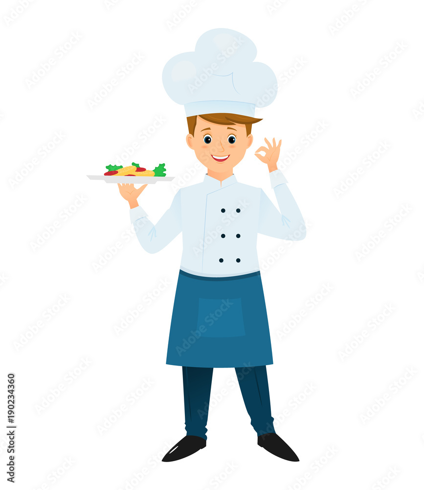 Professional chef marks ok with the fingers. Cartoon style. Vector illustration. Professional chef marks ok with the fingers. Cartoon style. Vector illustration.