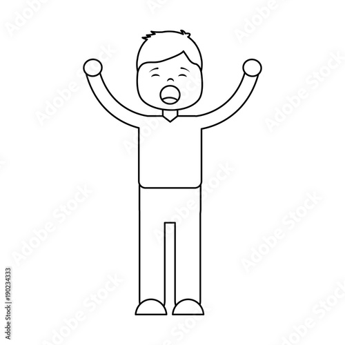 young cartoon boy yawning stretching arms vector illustration outline design
