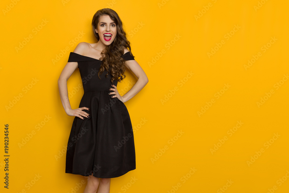 Beautiful Woman In Elegant Black Cocktail Dress Is Shouting