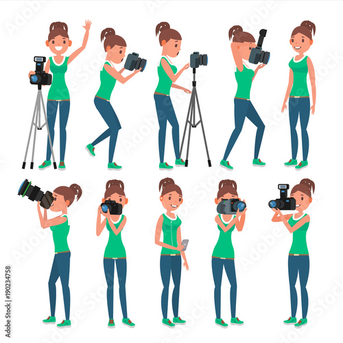Photographer Woman Vector. hotographer Making Photos. Digital Camera And Professional Photo Equipment. Girl Taking Pictures. Isolated On White Cartoon Character Illustration