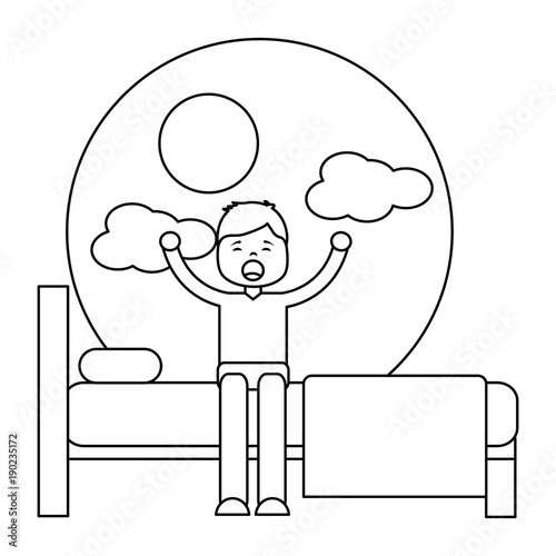 young man waking up sitting on bed vector illustration outline design