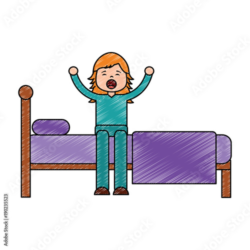 young girl sitting in bed stretching waking up side view vector illustration