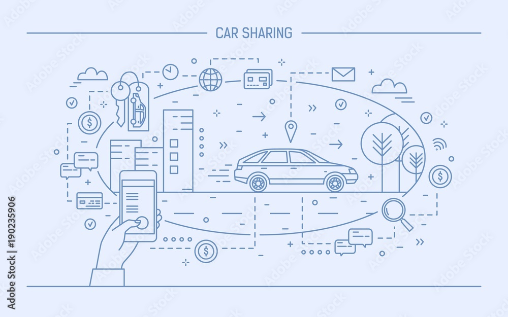 Hand holding mobile phone and automobile on city street. Concept of car sharing and electronic rental service or carsharing application. Monochrome vector illustration drawn with blue contour lines.