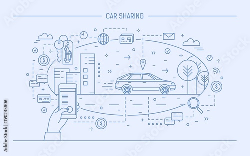 Hand holding mobile phone and automobile on city street. Concept of car sharing and electronic rental service or carsharing application. Monochrome vector illustration drawn with blue contour lines.