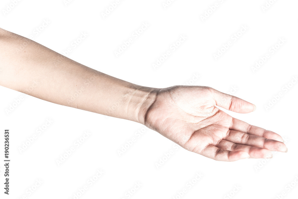 Hand open and ready to help or receive. Gesture isolated on white background with clipping path.