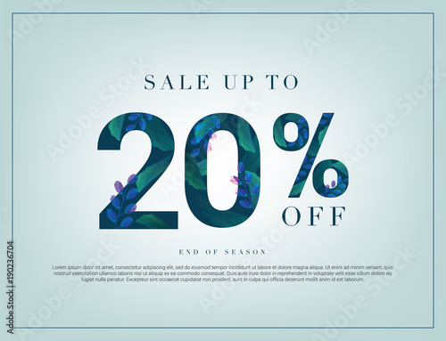 20% lettering handmade with leaves and flower tropical decoration. For Sale discount, Web Promotion, Poster Banner Background, Sign and symbol. Luxury unique style, Green color, Vector illustration