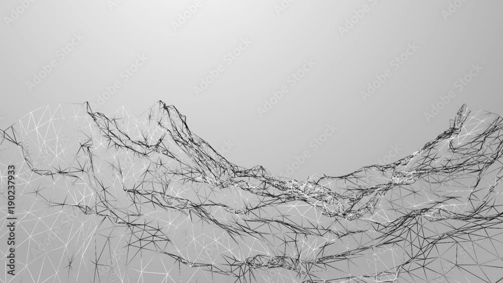 illuminated black and white wireframe with a background with moving mountain like a fluid. Complex system in motion for technology, internet and cryptography projects