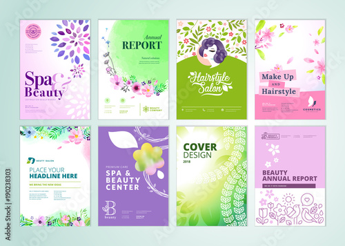 Set of beauty brochure, annual report, flyer design templates in A4 size. Vector illustrations for beauty, spa and wellness presentation, document cover and layout template designs.