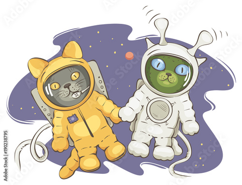 Friendship on space/ Funny vector illustrations with cats in space suit