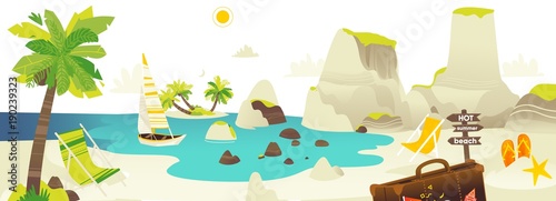 Tropic palm beach with rocks, yacht, sun chairs and clouds in sky, summer vacation horizontal banner, flat cartoon vector illustration. Beach scene with sea, ocean coast, yacht and lounge chairs