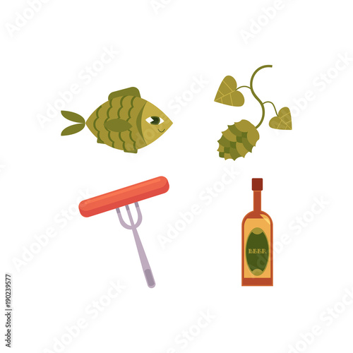 Vector cartoon beer symbols icon set. Glass bottle of golden lager cool beer, green hop cones with leaves, sausage at fork, dried fish - beer snacks. Isolated illustration, white background