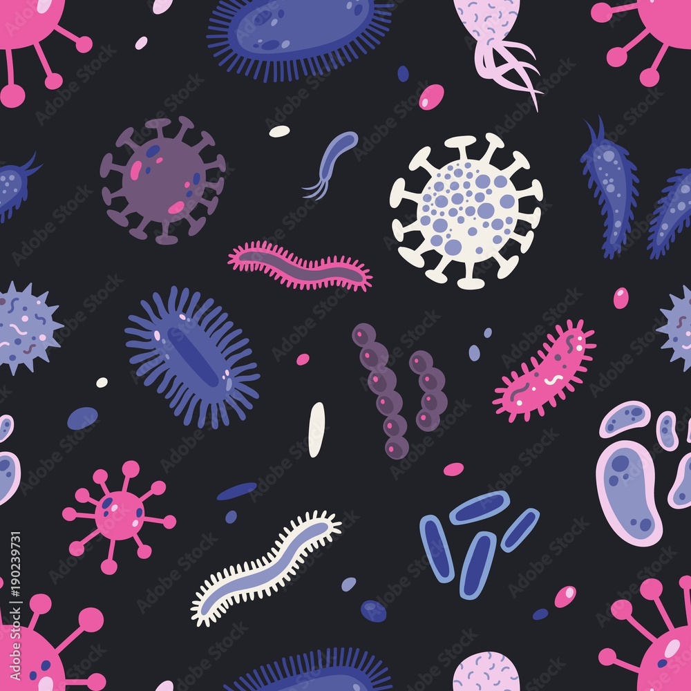 Seamless pattern with various microorganisms isolated on black