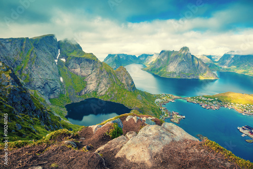 Aerial view of the fjord from the mountain. Reine, Norway. Beautiful nature