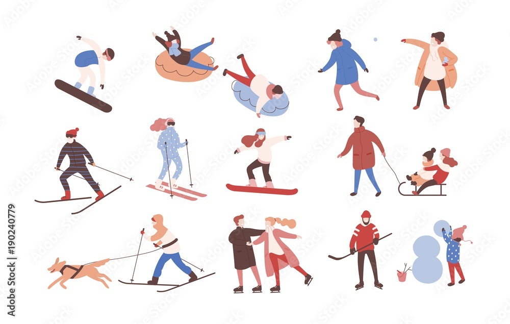 Collection of male and female cartoon characters performing winter  activities. Set of men and women dressed in outerwear skiing, ice skating,  snowboarding, playing hockey. Flat vector illustration. Stock Vector |  Adobe Stock