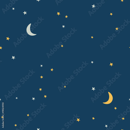 Dark starry sky and moon hand drawing vector seamless pattern. Texture for textile, scrapbook, wrapping paper.