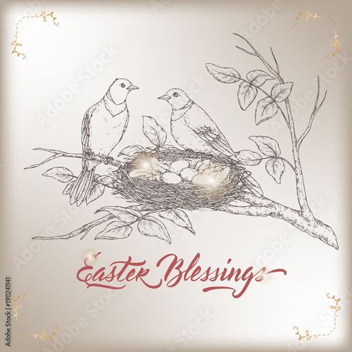 Easter greeting card with two birds and nest with eggs. Based on hand drawn sketch and brush calligraphy.