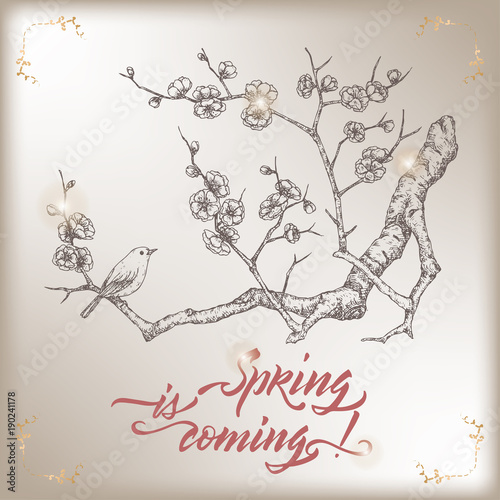 Romantic vintage greeting card template with spring related brush calligraphy and blooming plum branch sketch.