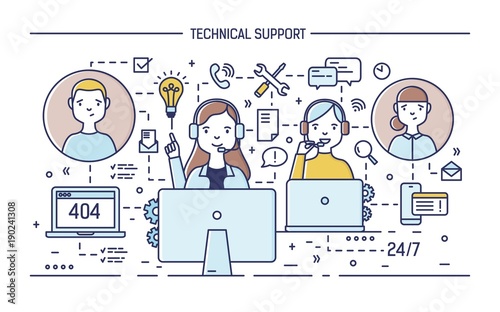 Happy online consultants wearing headphones with microphones sitting at computers and answering questions asked by clients. 24 hour technical support service. Vector illustration in line art style.