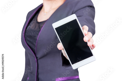 businesswoman showing a smart phone isoleted on white background with clipping path