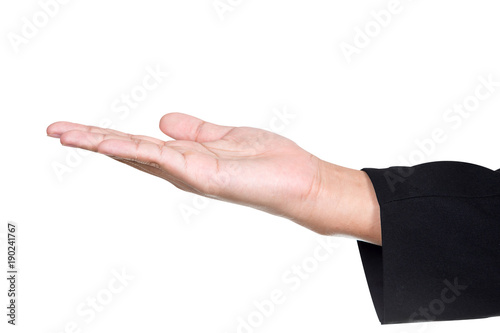 businessman holding hand out in presentation with clipping path isolated on white background