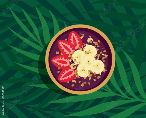 Tropical Energy Acai Bowl. Nutritious fruit smoothie with strawberries, banana and granola topping. Healthy meal over palm leaves on green background. Top view vector illustration